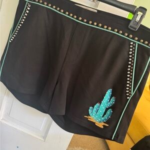 Double D Ranch Black Shorts with Turquoise Cactus Embroidery